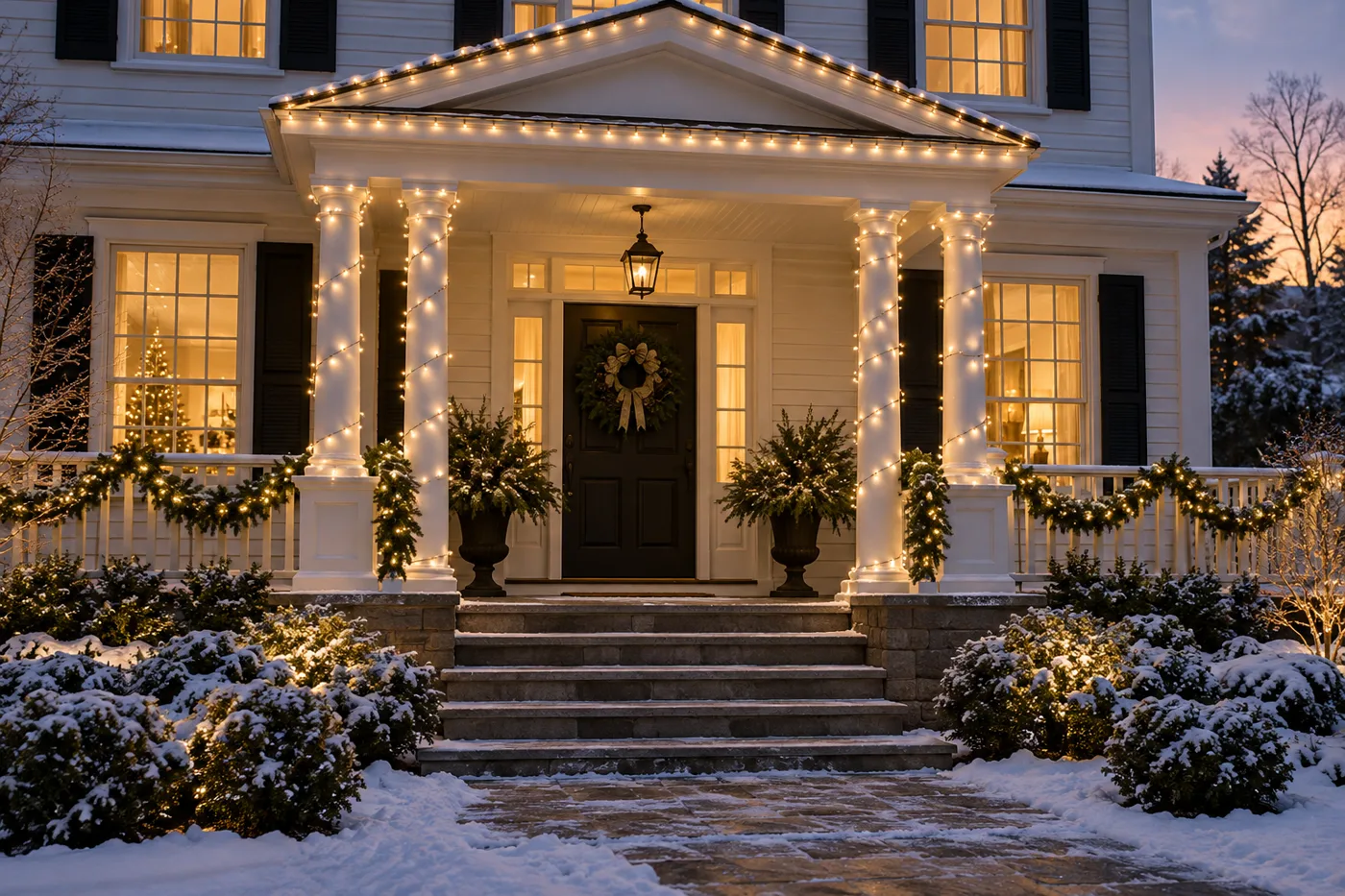 AI-generated example of a white home entrance with warm holiday lights and garland.