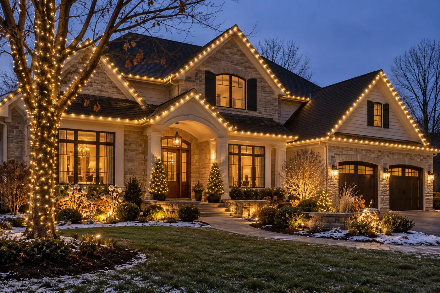AI-generated example of a home and garden with a tree wrapped in warm-white lights.