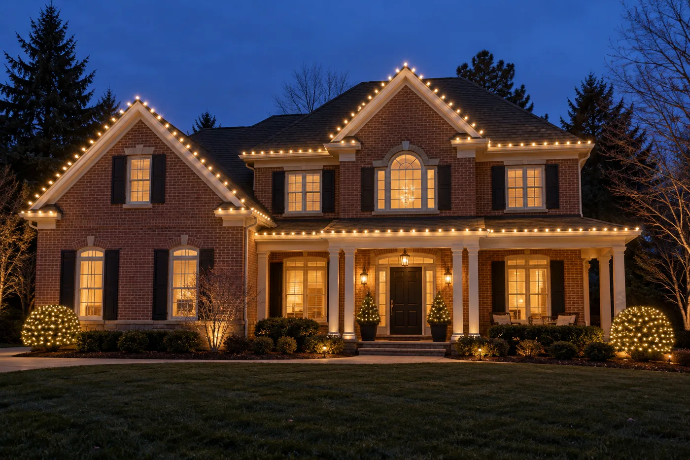 AI-generated example of a brick home with warm-white holiday roofline lighting.